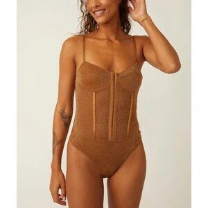 Free People Shimmer Night Rhythm Corset Bodysuit Bronze Large